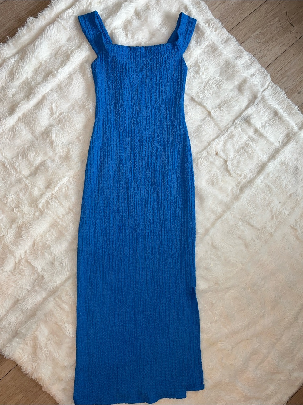 Blue Square-Neck Ribbed Maxi Dress